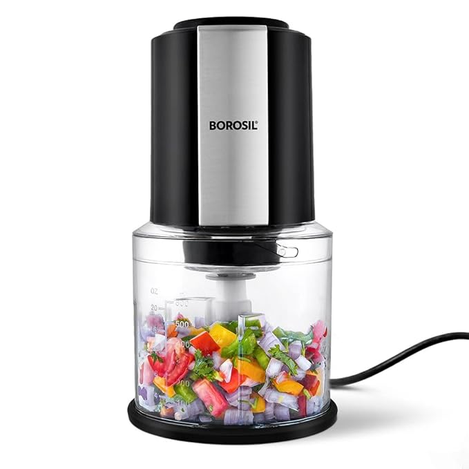 Borosil Chef Delite 300 Watts Electric Chopper for Kitchen, Twin Blade Technology, 600 ml 'chop-n-store' plastic bowl wi