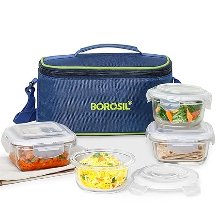 Borosil Klip n Store Universal Lunchbox, 320ml x 2 Square + 240ml x 2 Round