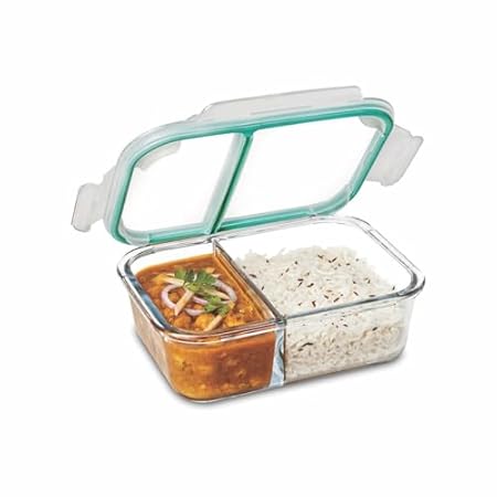 SIGNORA WARE Slim Borosilicate Glass Two Compartment Lunch Box, 600ml