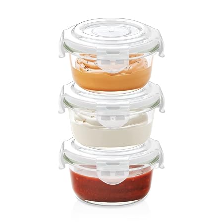Borosil Klip N Store Glass Storage Containers For Kitchen With Air-Tight Lids, Microwave & Oven Safe, Round, Set of 3 (2