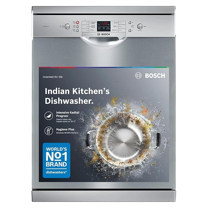 Bosch 13 Place Setting (fits up to 70 utensils) Free-Standing Dishwasher for Indian Utensils | Hygiene+ & Intensive Kadh