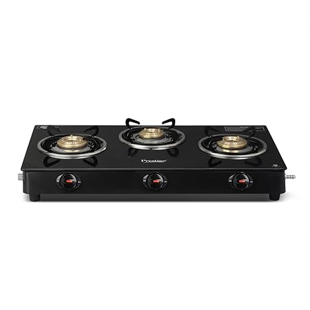 Prestige Iris 3 Burner Gas Stove Toughened Glass Top Tri-Pin Brass Burners