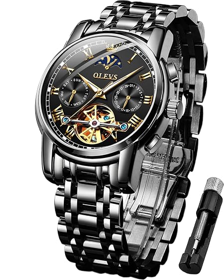 OLEVS Stainless Steel Mens Automatic Analog Watches, Skeleton Tourbillon Design