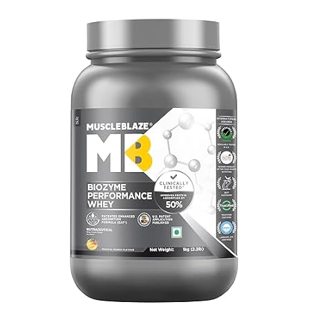 MuscleBlaze Biozyme Performance Whey Protein Powder, 1kg (2.2lbs)