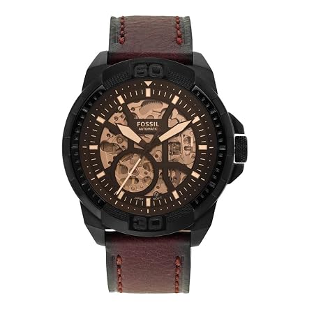 Fossil Men Leather Bronson Analog Black Dial Watch, Brown Band