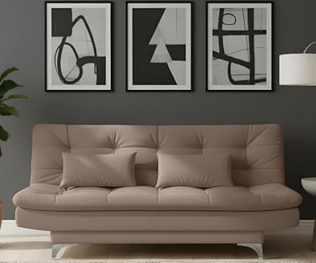 AMATA Eagle Solid Wood 3 Seater Sofa Cum Bed Camel Suede velevt Fabric with Two Cushions Perfect for Home Living Office 
