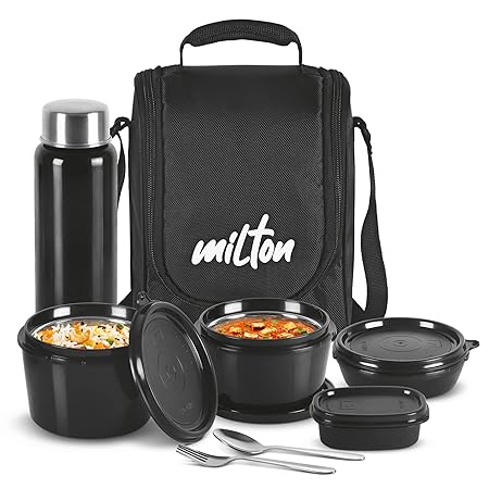 MILTON Pro Lunch Box with Steel Cutlery, 3 Containers, Chutney Dabba, Bottle