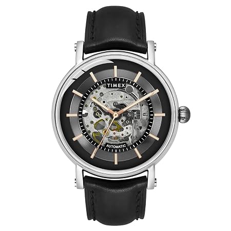 TIMEX Automatic Analog Watch for Man with Black Round Dial & Black Leather Strap