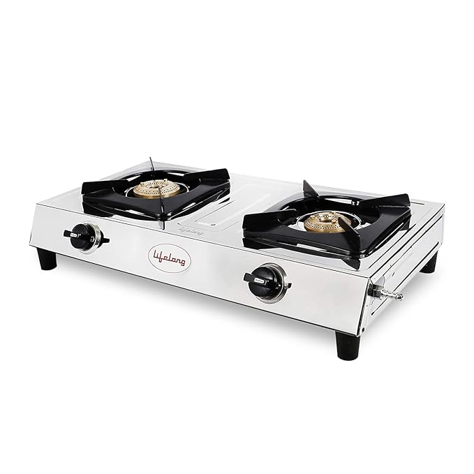 Lifelong 2 Burner Gas Stove Top for Kitchen - Manual Ignition Cooktop with Stainless Steel for Kitchen, ISI Certified & 