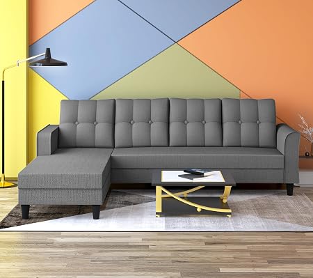 Adorn India Maddox Tufted L Shape 5 Seater Sofa Set LHS, Grey, 3 Year Warranty