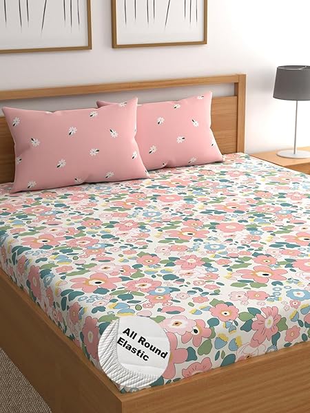 LOOMLYFE 300 TC Cotton Feel Glace Cotton Elastic Fitted Printed King Size Bedsheet