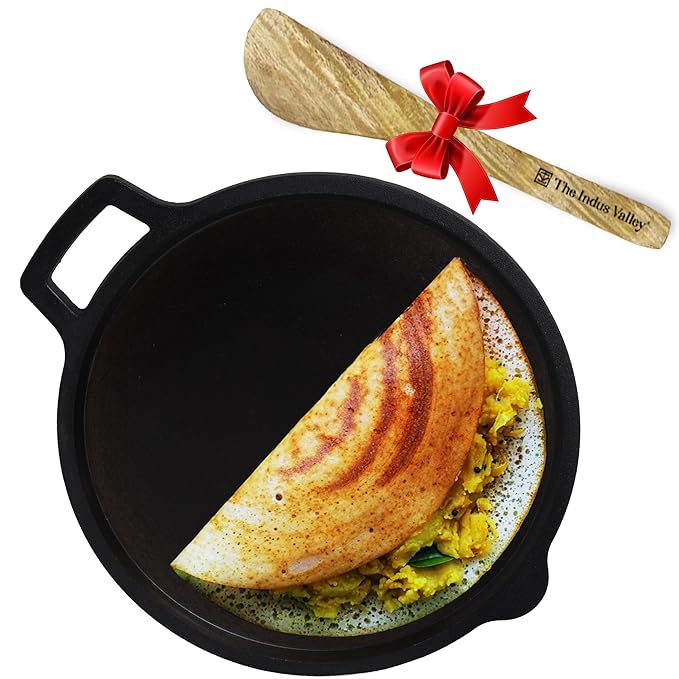 The Indus Valley Super Smooth Cast Iron Tawa with Free Wooden Spatula for Dosa/Chapathi | 27.6cm/10.8 inch, 2kg | Induct