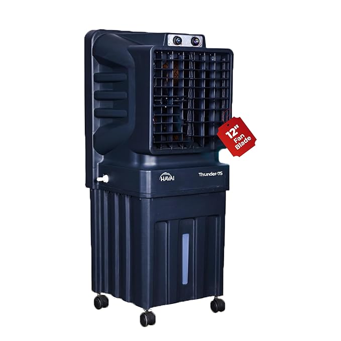 Thunder-75 Tower Air Cooler | 70L Tank | 12″ Blade | Ideal for 150 sq ft Rooms | 130W Power | 10 ft Air Throw | 1350 RPM