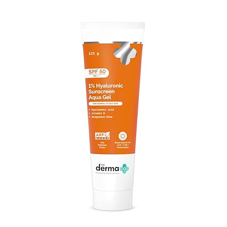The Derma Co 1% Hyaluronic Sunscreen Aqua Gel SPF 50 PA++++ | Hydrating, Lightweight & Non-Greasy | No White Cast | Broa