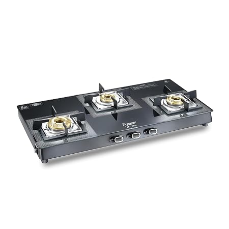 Prestige Vectra 3 Burner Glasstop Gas Stove, Jumbo Brass Burner, 3-Way Gas Inlet