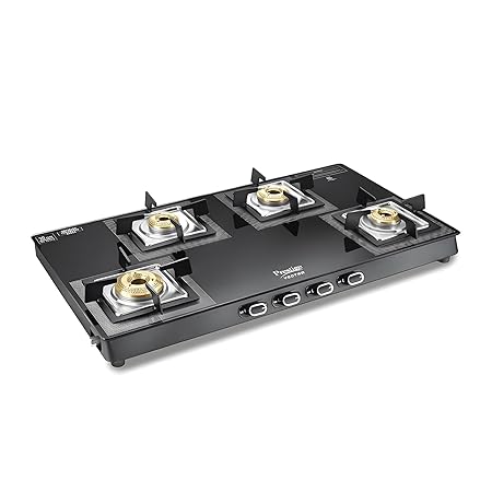 Prestige Vectra 4 Burner Glasstop Gas Stove, Jumbo Brass Burner, 10 Years Warranty on Glass