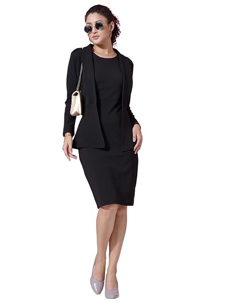 Selvia Women Knee-Length Western Dress, Solid Lycra, Round Neck Shrug