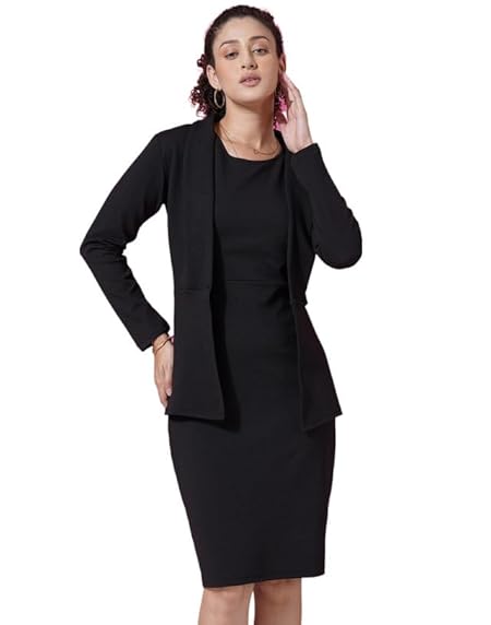 SIRIL Black Polyester Western Dress, Women's Classic Solid Bodycon Dress