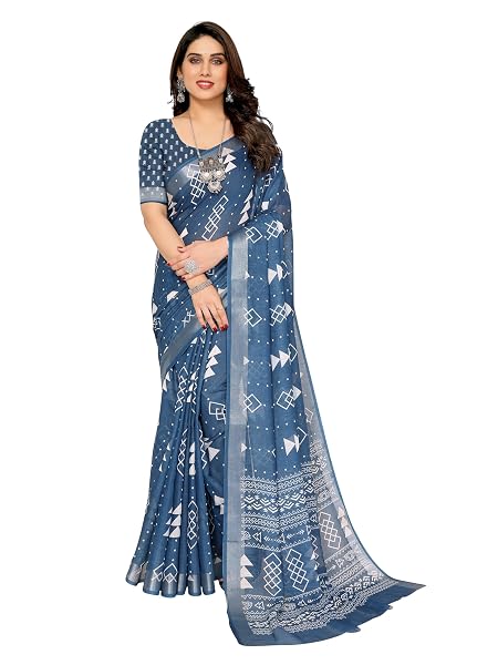 VJ Fashion Women's Printed Pattern Cotton Linen Blend Saree with Plain Weave