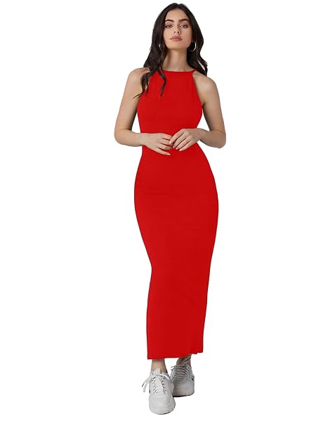 Aahwan Red Solid Halter Neck Solid Bodycon Midi Dress