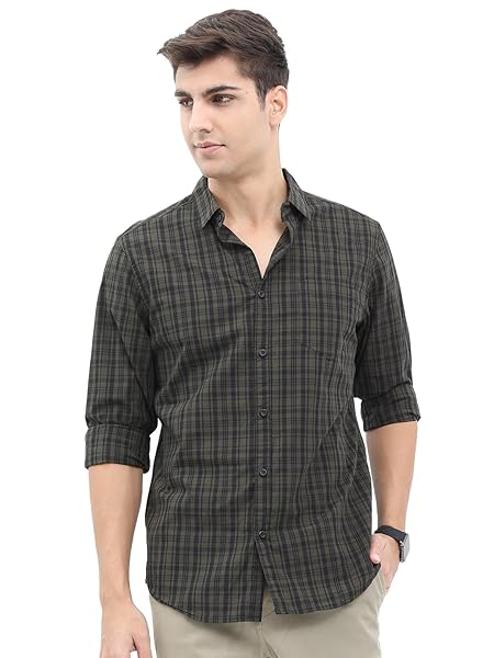 Highlander Men's Cotton Slim Fit Checks Shirt, Full Sleeves, Regular