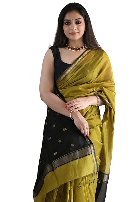 ZECVA Women's Pure Spun Linen Cotton Lichi Silk Saree, With Attached Unstitched Blouse