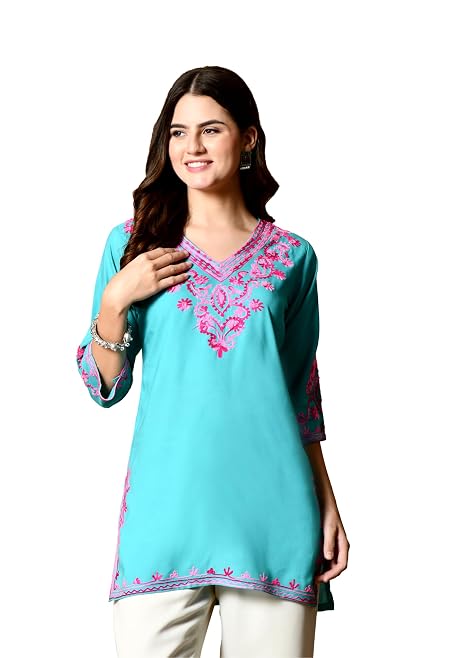 LIBOZA Embroidered Kashmiri Tunic Top, Short Kurti for Women on Jeans
