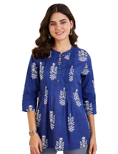 Amazon Brand - Myx Women's Printed A-line Cotton Short Kurti (SS19MYXTP018A1_Indigo_5XL)