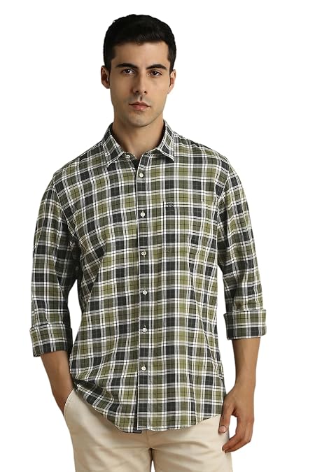Peter England Men Olive Slim Fit Check Full Sleeves Casual Shirt