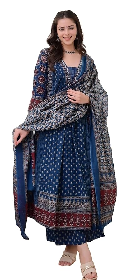 KLOSIA Women Printed Anarkali Kurta and Pant Set with Dupatta Teal Blue