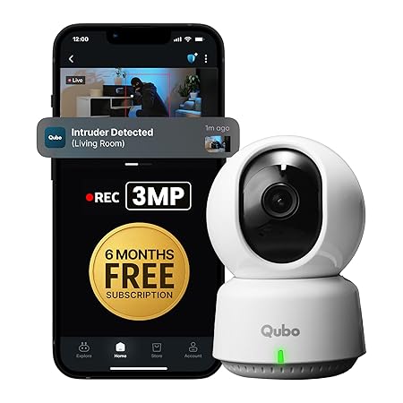 Qubo Smart 360 3MP Wi-Fi Security Camera, 2K Indoor CCTV with AI Person Detection