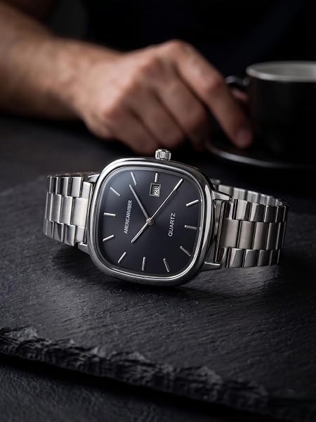 AMERICANVIBER Men's Silver Watch with Stainless Steel Band, Water-Resistant Analog Dress & Casual
