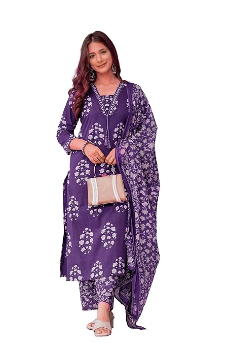 PARTHVI Women's Pure Cotton Printed Straight Kurta Set with Palazzo Pants
