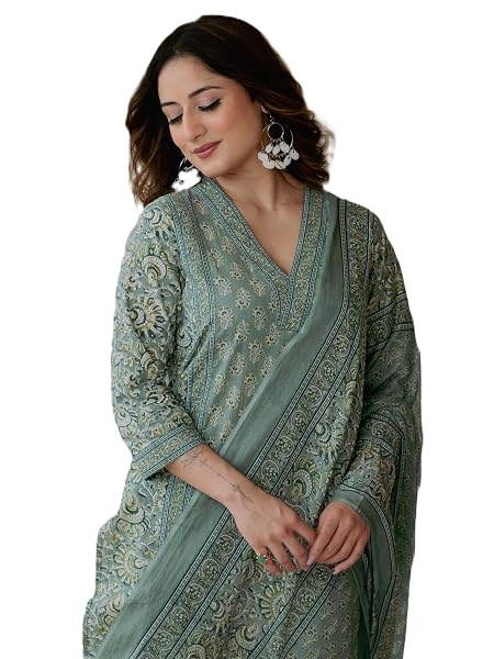 Arayna Women's Cotton Printed Kurta Set with Pants & Dupatta