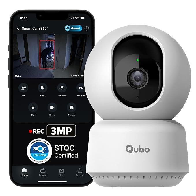 Qubo Smart Cam 360° 3MP [2026 Edition] by Hero Group | STQC Certified | AI Person Detection | Intruder Alarm | Color Nig
