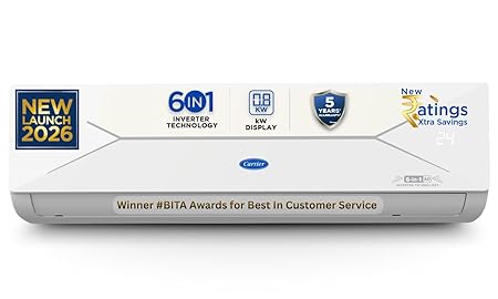Carrier 1 Ton 3 Star,New Star rated, Flexicool Inverter Split AC (Copper, Convertible 6-in-1 with Smart Energy Display, 