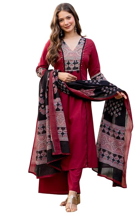 Amayra Women's Pure Cotton A-Line Kurta Set with Palazzo Pants & Dupatta