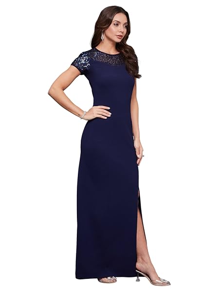 Miss Chase Women's Round Neck Cap Sleeves Sequin Paneled Bodycon Maxi Dress