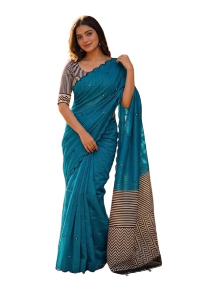 New Linen Cotton Saree for Women with Black Mirror Work, Teal Blue