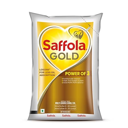 Saffola Gold Refined Cooking oil, Power of 3, Balance of Good Fats, Triple Anti-Oxidant System & Fortified with Vitamins, Multi-Source Edible Rice Bran & Sunflower Oil, 1 Litre Pouch
