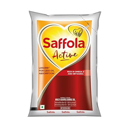 Saffola Active Refined Cooking oil, Rich in Omega 3 & Oryzanol, Multi-Source Edible Rice Bran & Soyabean oil, 930ml / 850g pouch