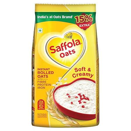 Saffola Oats, Instant Rolled, Soft & Creamy, Power of Protein, Iron & Fibre, 500g