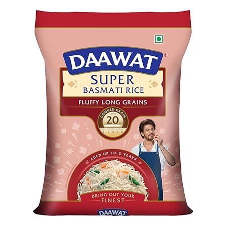 Daawat Super Basmati Rice 5Kg, Fluffy Long Grains, Cooked upto 20mm
