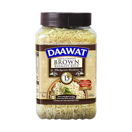 Daawat Brown, Cooks in 15-minute, Full Bran Intact, Fibre-Rich Basmati Rice Jar, 1 Kg