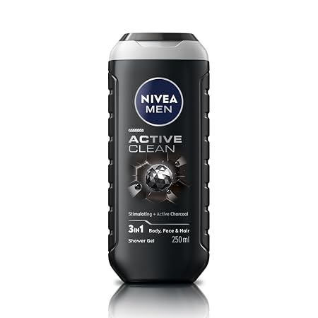 NIVEA Men Body Wash, Active Clean with Active Charcoal, Shower Gel for Body, Face & Hair