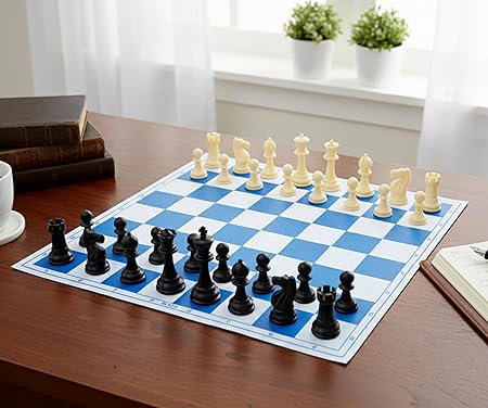 StonKraft 18.2'' x 18.2'' Tournament Chess Vinyl Foldable Chess Game with Solid Plastic Pieces (with Two Extra Queens + Vinly Pouch) - for Professional Chess Players - Blue