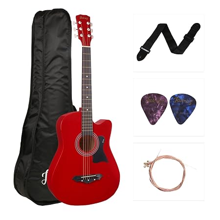 Juarez Acoustic Guitar, 38 Inch Cutaway, JRZ38C/RED with Bag, Strings, Pick and Strap, Red