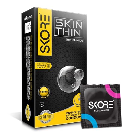 Skore SkinThin Ultra Fine Thin Condoms, With Disposal Pouches, 1 Pack (10 pieces)