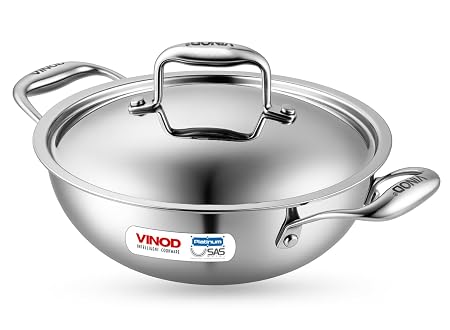 Vinod Platinum Triply Stainless Steel Kadai with Lid - 1.8 L, 22 cm | 2.5mm Thick Base, Even Heating No Hotspot, Less Oil Healthy Cooking, Heavy Bottom Induction Cookware Kadhai for Cooking & Frying