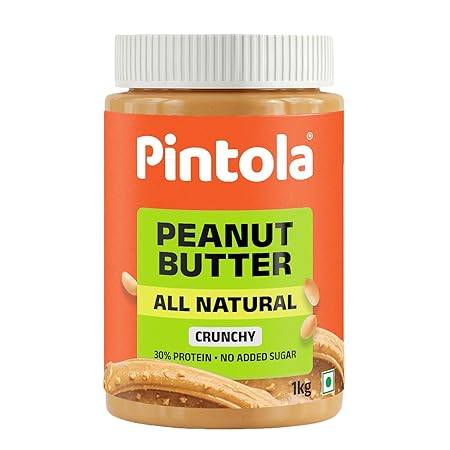Pintola All Natural Peanut Butter Crunchy 1kg, Unsweetened, 30g Protein, Gluten & Cholesterol Free, Vegan Peanut Butter, Nut Butter, High in Protein Spread, 100% Pure Roasted peanuts butter